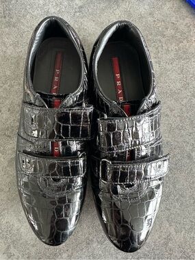 Women’s Prada Crocodile Embossed Black Leather Velcro Strap Sneaker
